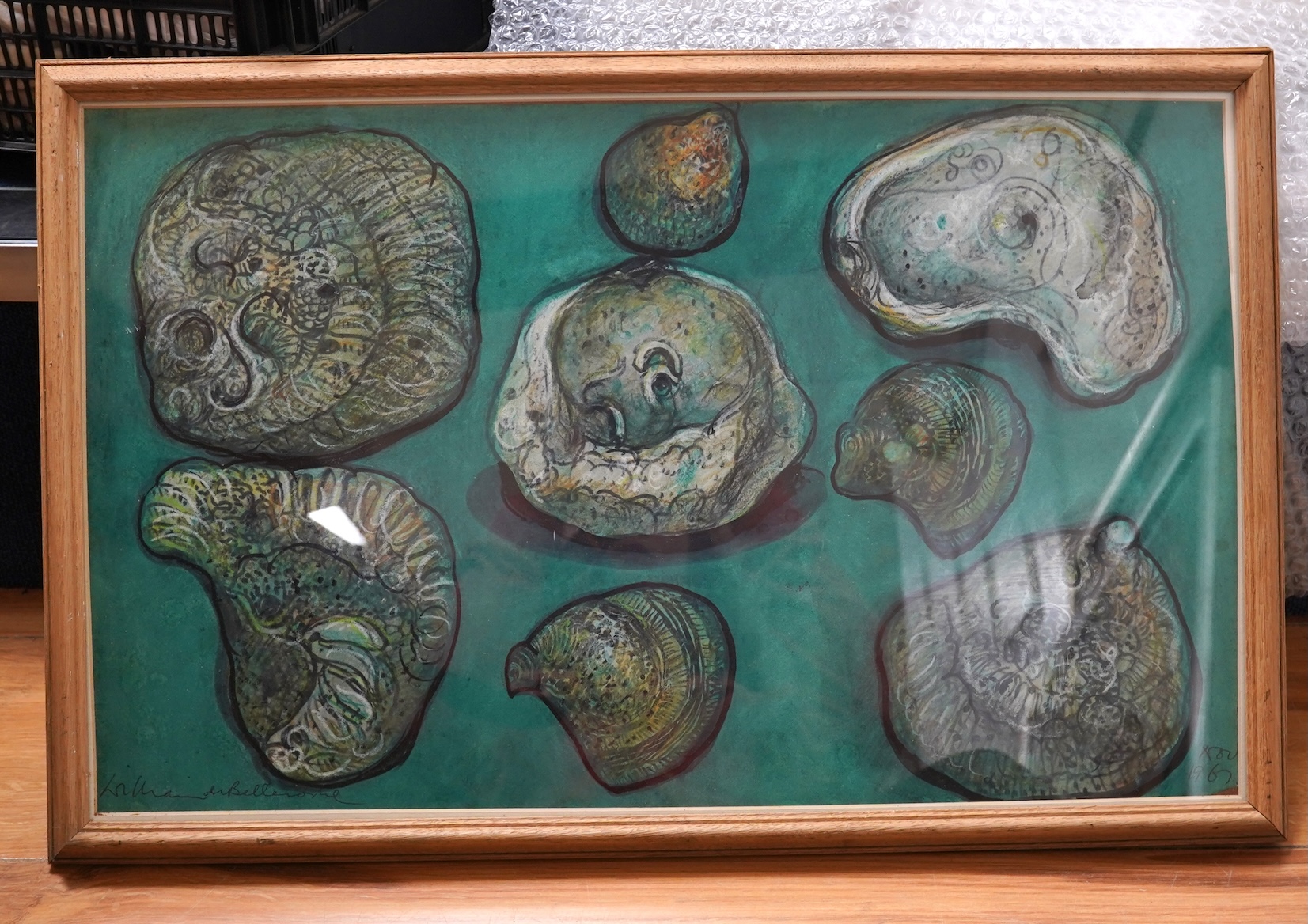 William de Belleroche (1912-1969), Still lifes of shells and plants, two signed and dated ‘61 and ‘67, largest 33 x 53cm